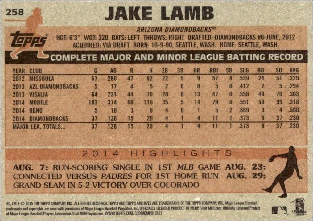 2015 Topps Archives Jake Lamb #258 baseball trading card back