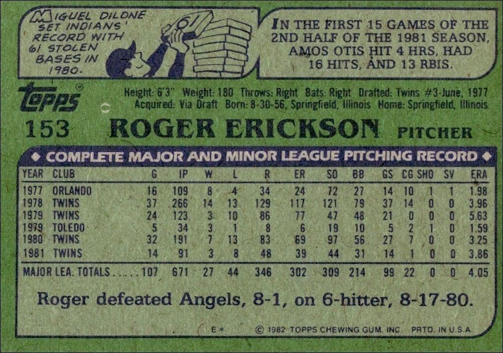 1982 Topps Roger Erickson #153 baseball trading card back