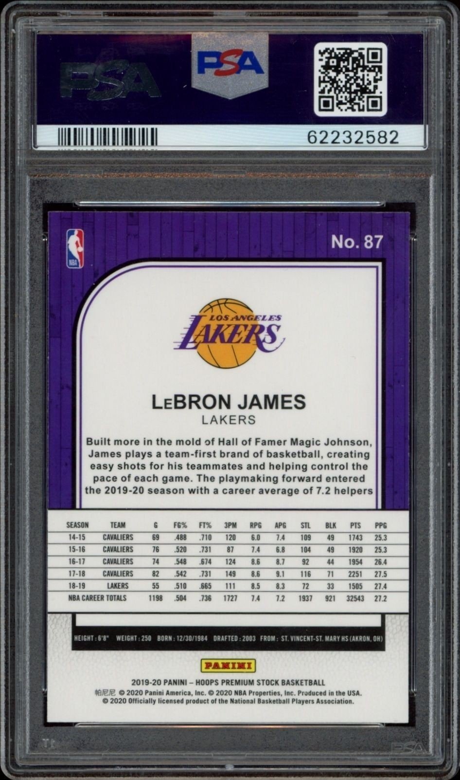 2019-20 Panini Hoops Premium Stock LeBron James #87 basketball trading card back