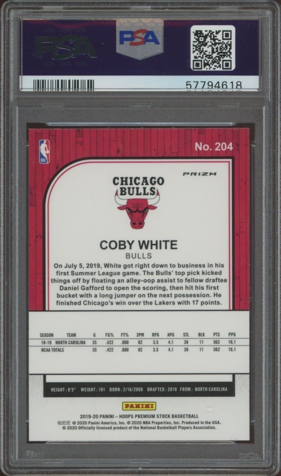 2019-20 Panini Hoops Premium Stock Coby White #204 basketball trading card back