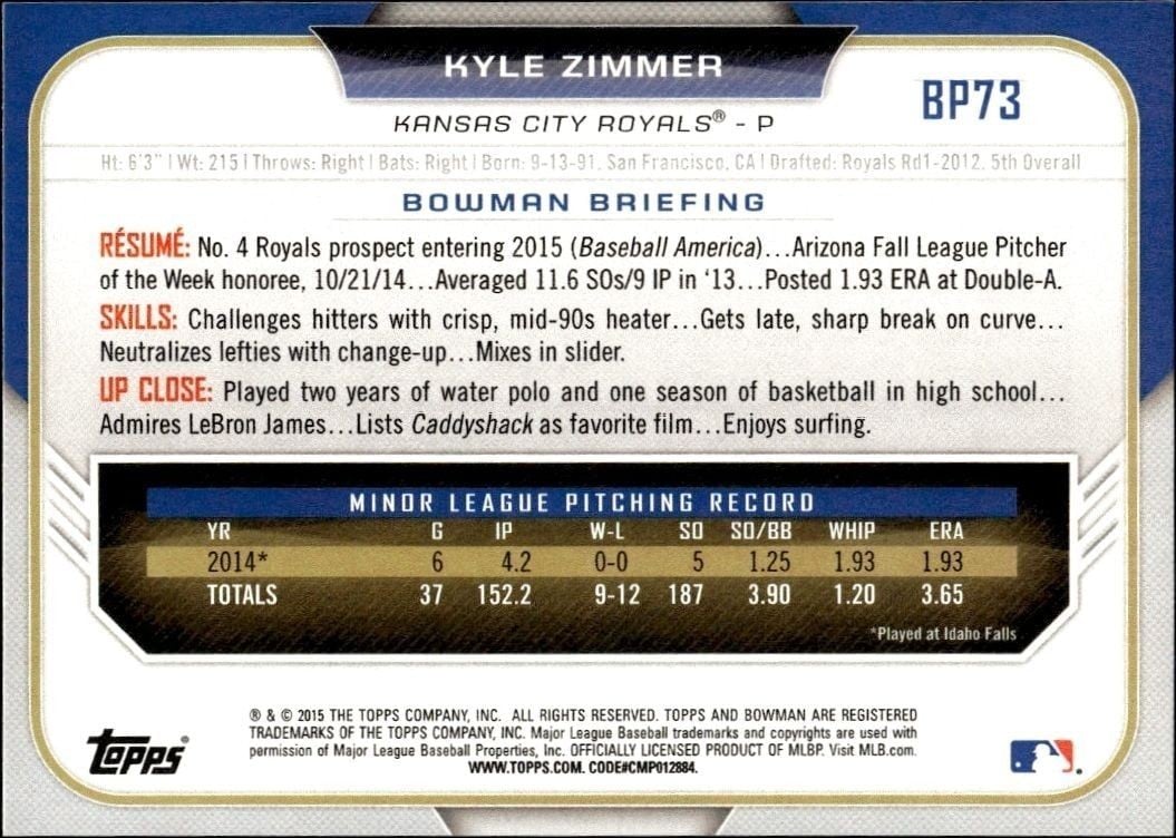 2015 Bowman Draft Kyle Zimmer #BP73 baseball trading card back
