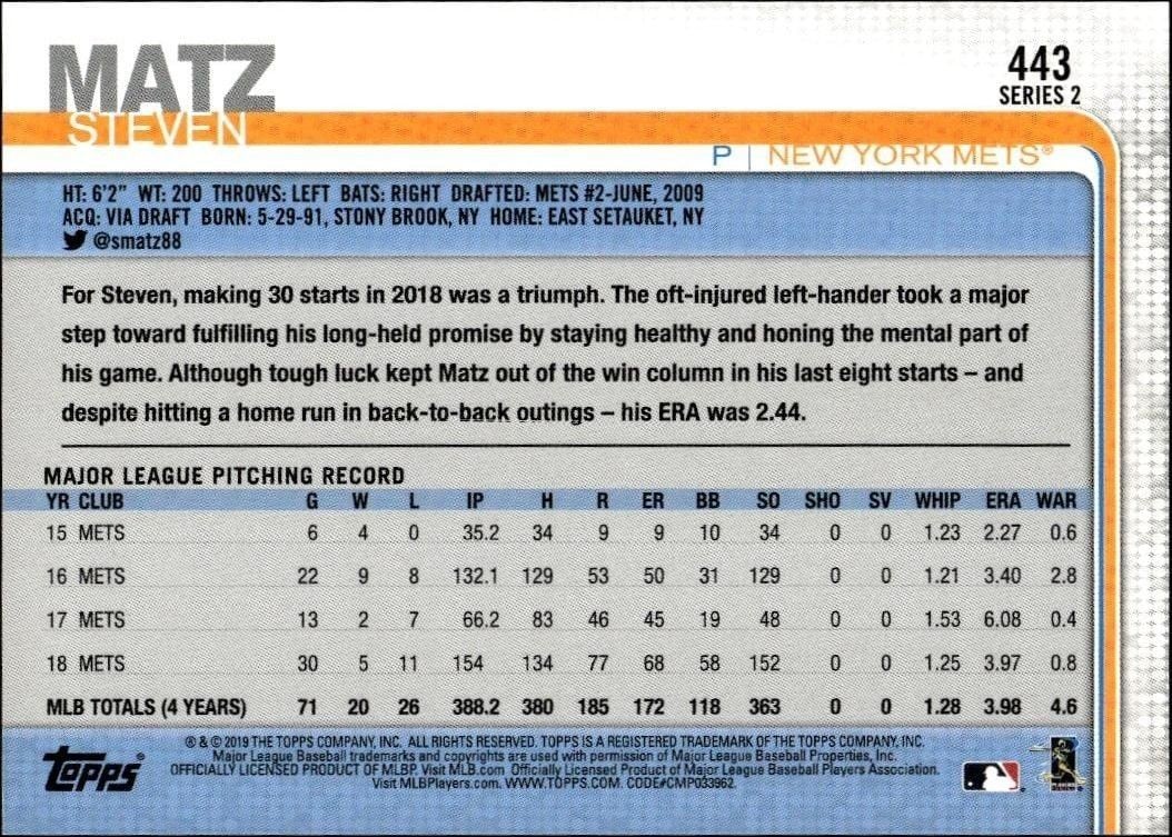 2019 Topps Series 2 Steven Matz #443 baseball trading card back