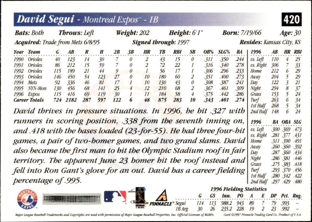 1997 Pinnacle Score David Segui #420 baseball trading card back