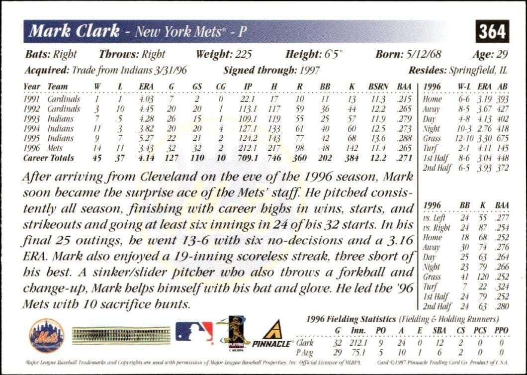 1997 Pinnacle Score Mark Clark #364 baseball trading card back