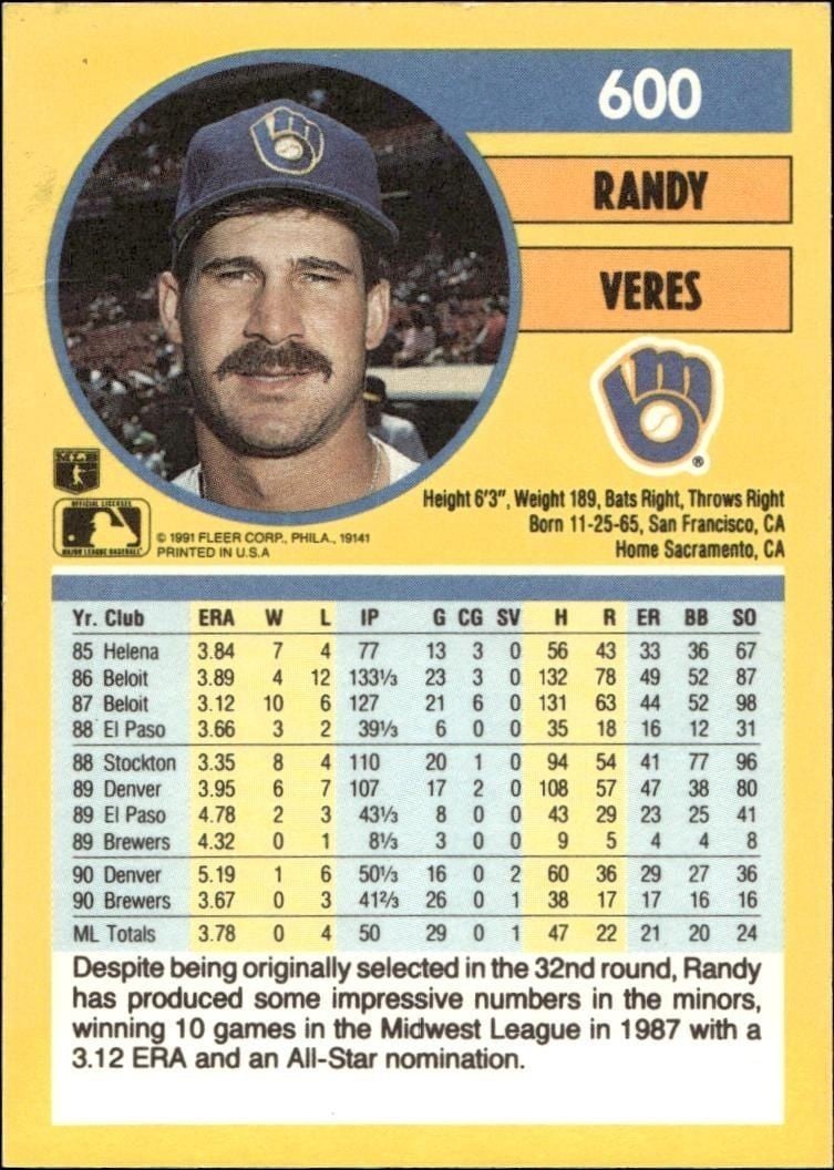 1991 Fleer Randy Veres #600 baseball trading card back
