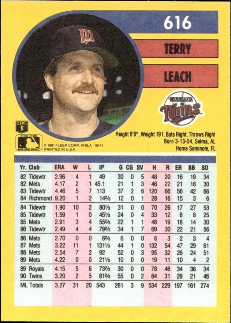 1991 Fleer Terry Leach #616 baseball trading card back