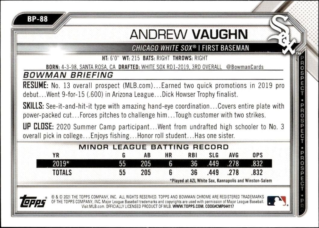 2021 Bowman Andrew Vaughn #BP-88 baseball trading card back