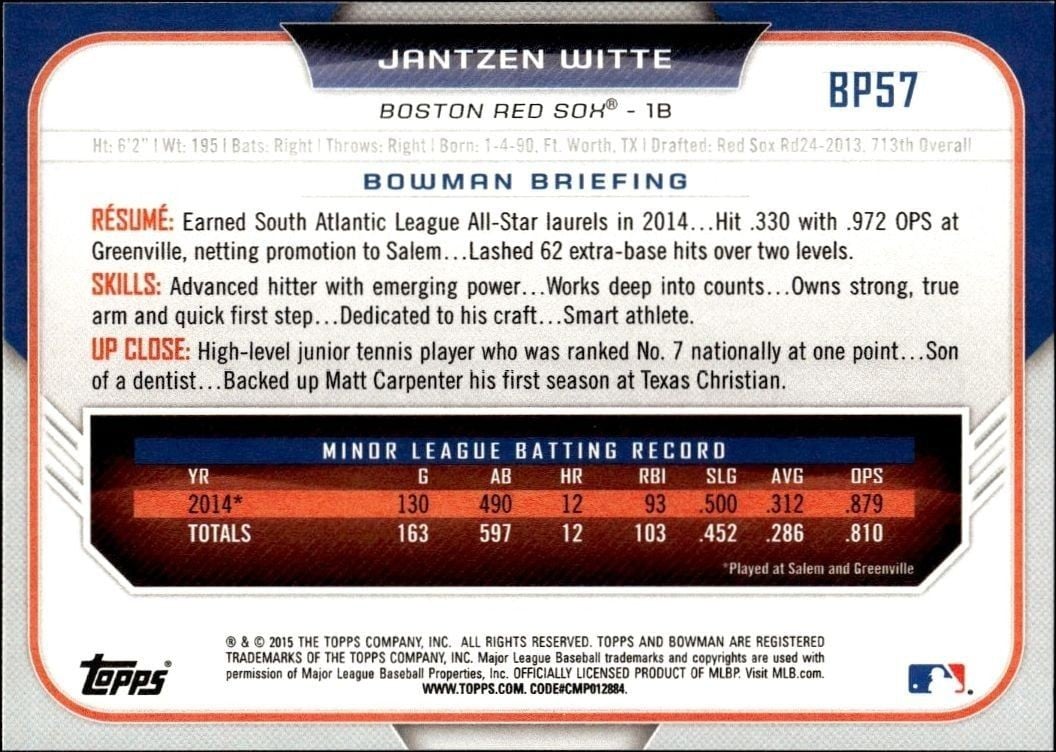 2015 Bowman Draft Jantzen Witte #BP57 baseball trading card back
