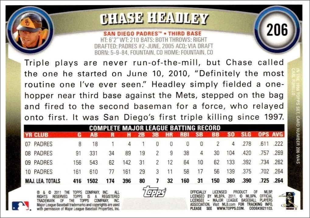 2011 Topps Chase Headley #206 baseball trading card back