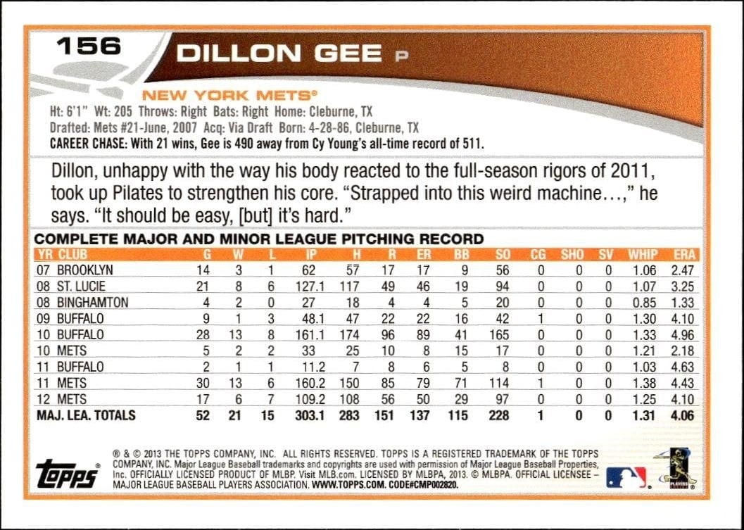 2013 Topps Dillon Gee #156 baseball trading card back