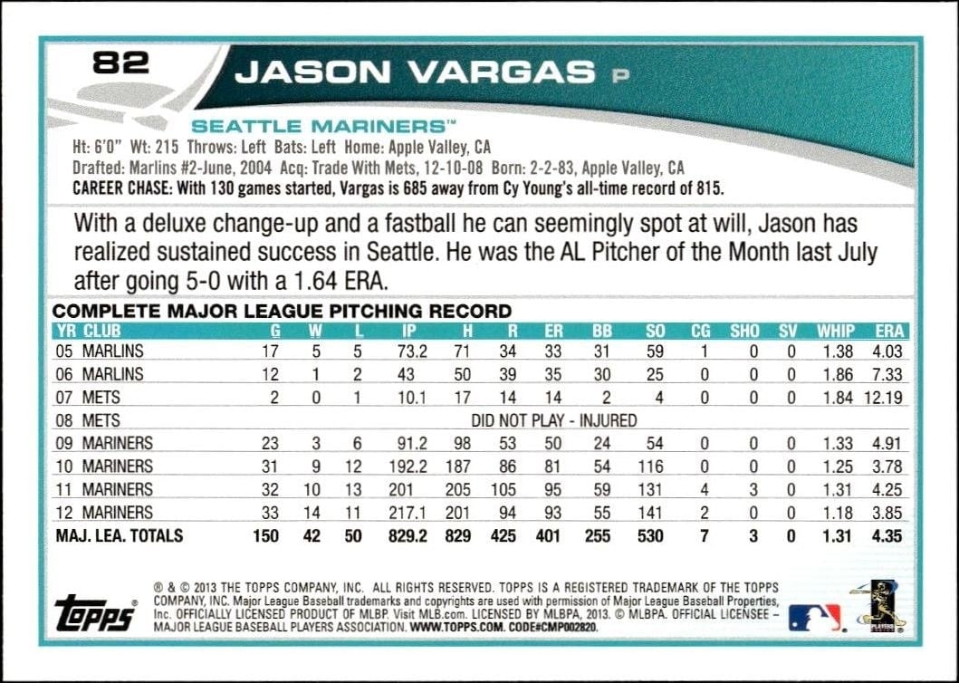 2013 Topps Jason Vargas #82 baseball trading card back