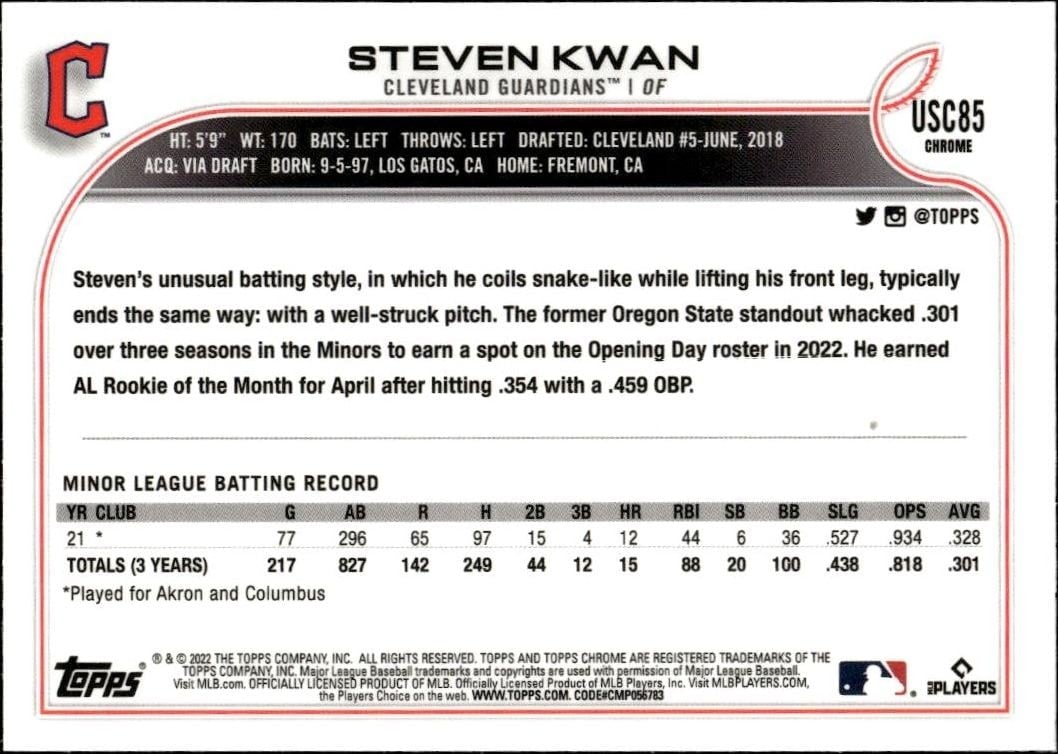 2022 Topps Chrome Update Steven Kwan #USC85 baseball trading card back