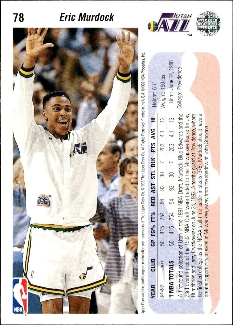 1992-93 Upper Deck Eric Murdock #78 basketball trading card back