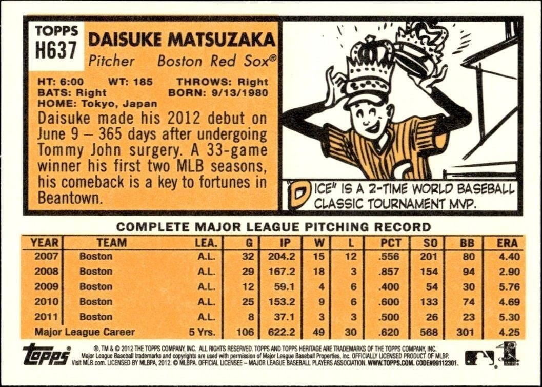 2012 Topps Heritage High Number Daisuke Matsuzaka #H637 baseball trading card back