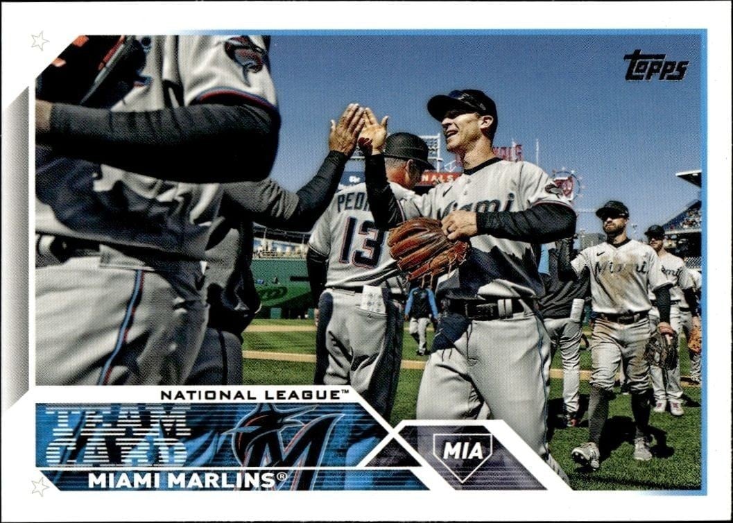 Miami Marlins 2023 Topps Series 2 #473 Baseball Trading Card - Front 2023 Topps Series 2 Miami Marlins #473 baseball trading card front