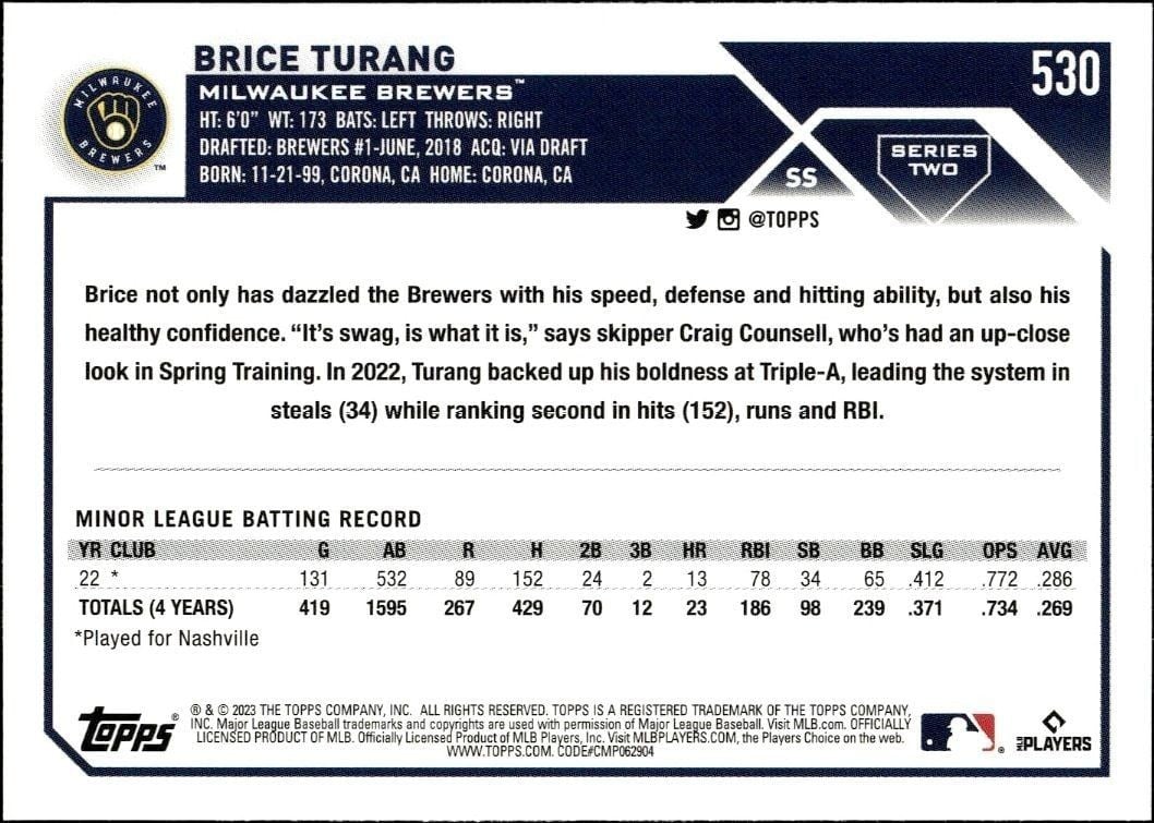 2023 Topps Series 2 Brice Turang #530 baseball trading card back