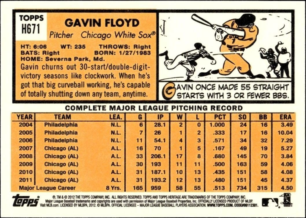 2012 Topps Heritage High Number Gavin Floyd #H671 baseball trading card back