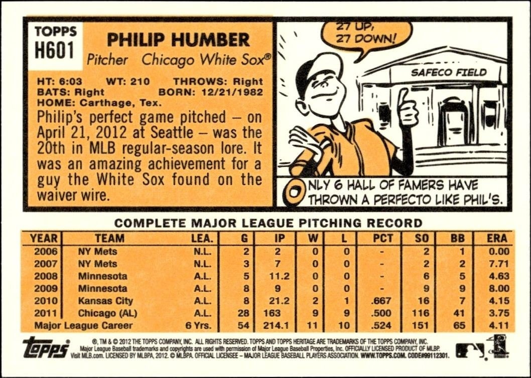 2012 Topps Philip Humber #H601 baseball trading card back