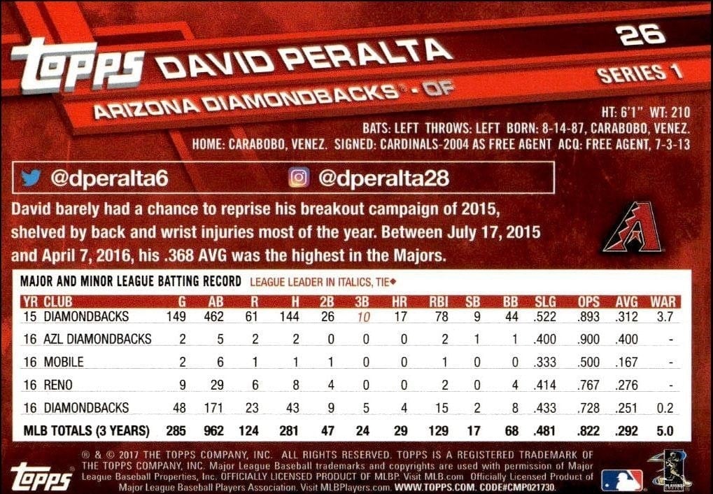 2017 Topps David Peralta #26 baseball trading card back