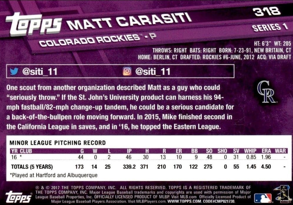 2017 Topps Matt Carasiti #318 baseball trading card back