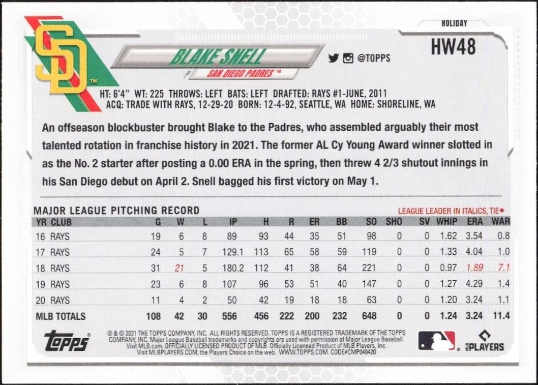 2021 Topps Holiday Blake Snell #HW48 baseball trading card back
