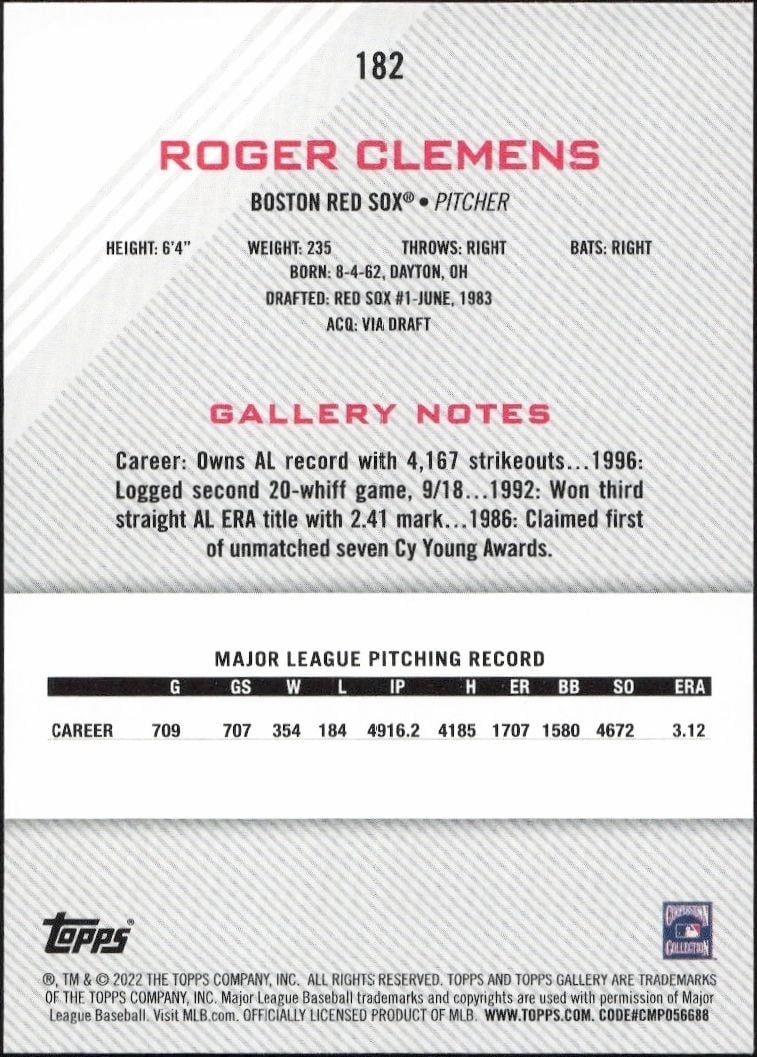 2022 Topps Gallery Roger Clemens #182 baseball trading card back