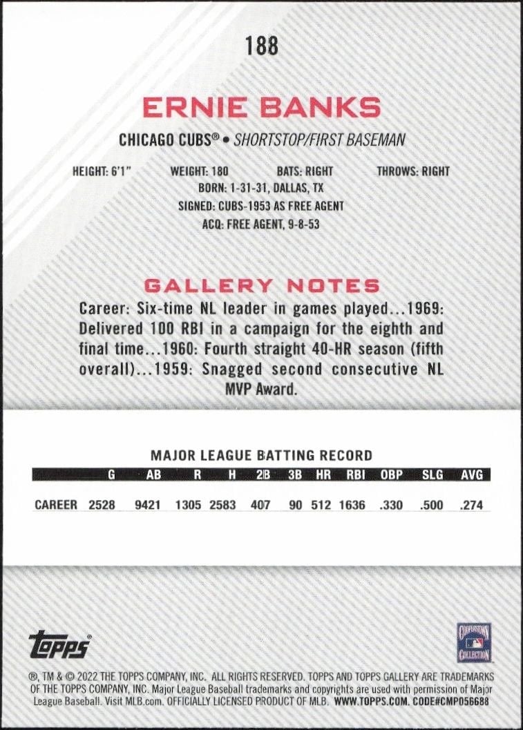 2022 Topps Gallery Ernie Banks #188 baseball trading card back
