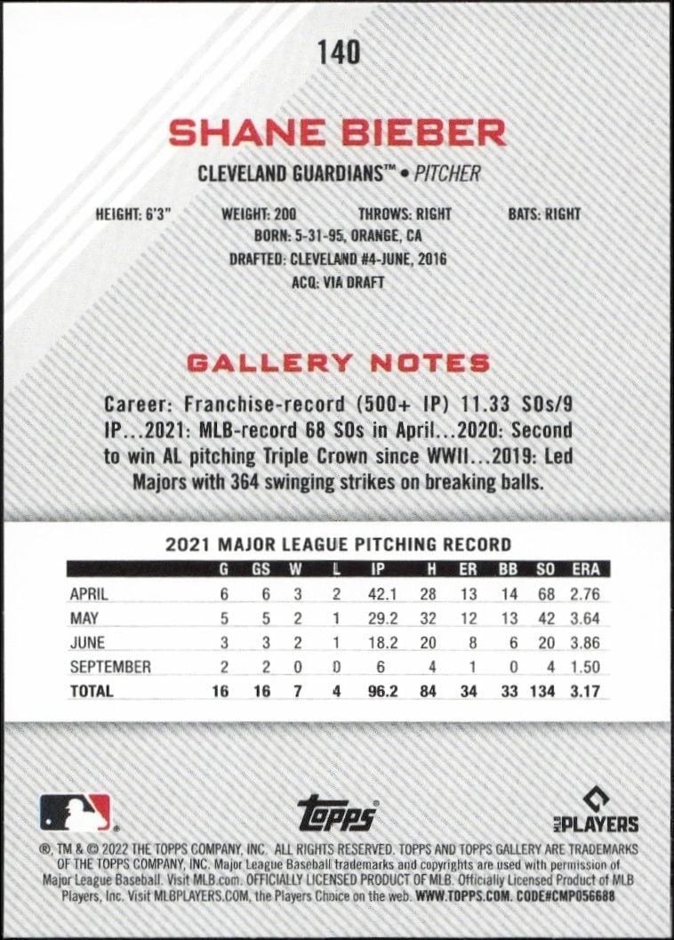 2022 Topps Gallery Shane Bieber #140 baseball trading card back