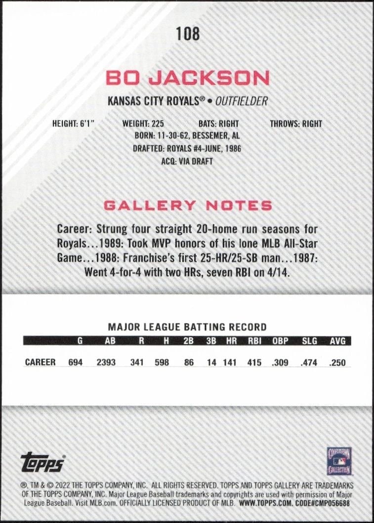 2022 Topps Gallery Bo Jackson #108 baseball trading card back