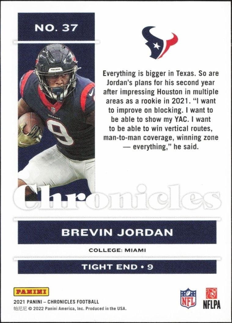 2021 Panini Chronicles Brevin Jordan #37 football trading card back