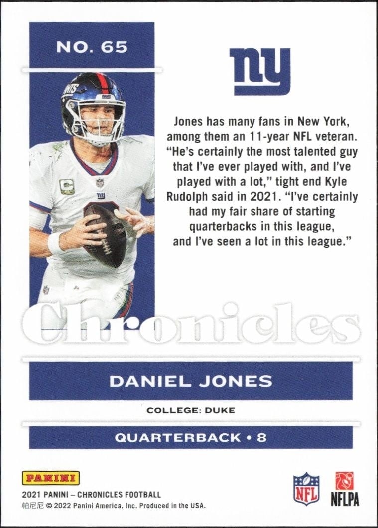 2021 Panini Chronicles Daniel Jones #65 football trading card back