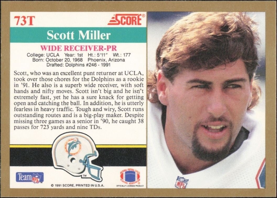 1991 Score Supplemental Scott Miller #73T football trading card back