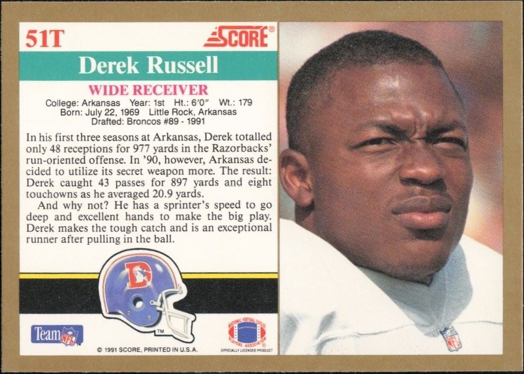 1991 Score Supplemental Derek Russell #51T football trading card back