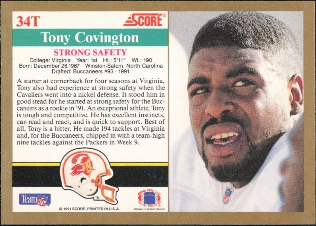 1991 Score Supplemental Tony Covington #34T football trading card back