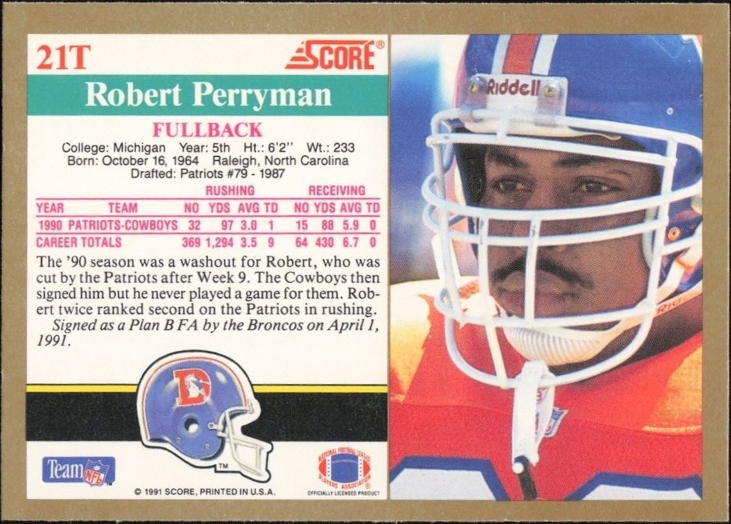 1991 Score Supplemental Robert Perryman #21T football trading card back
