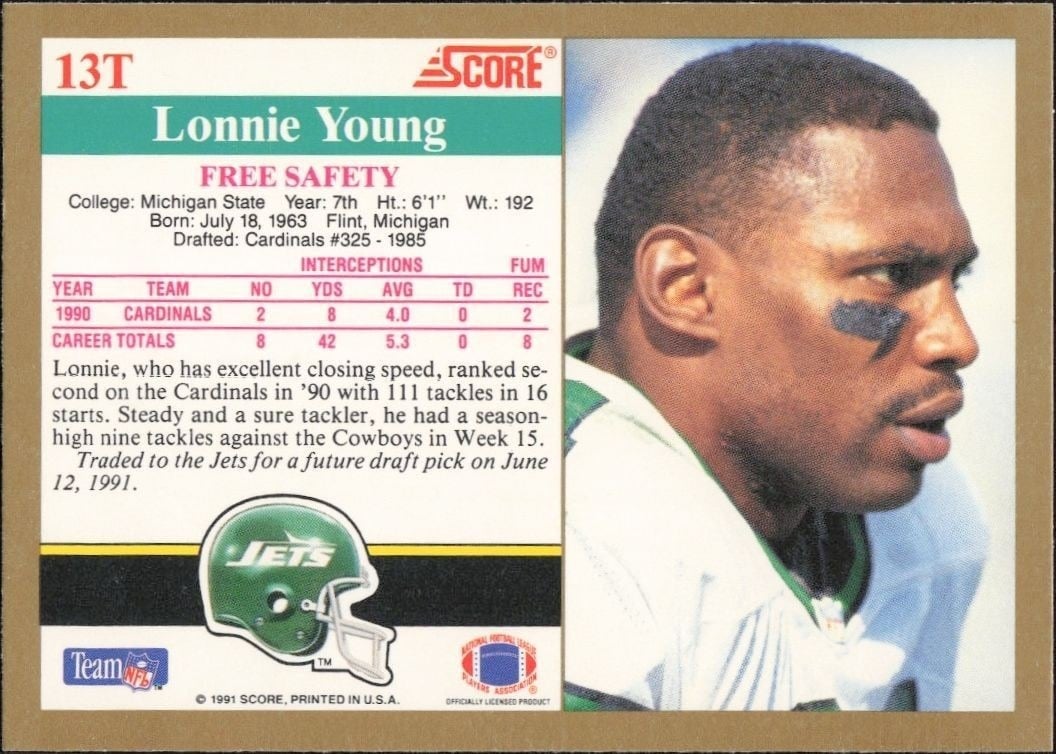 1991 Score Supplemental Lonnie Young #13T football trading card back