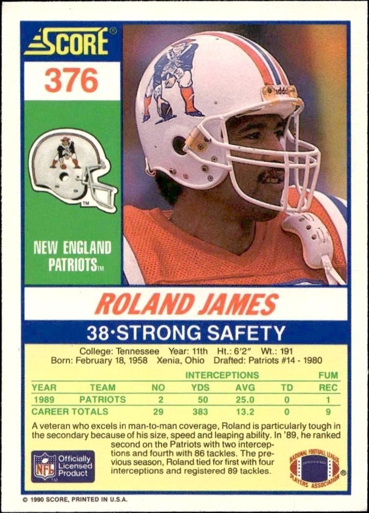 1990 Score Roland James #376 football trading card back
