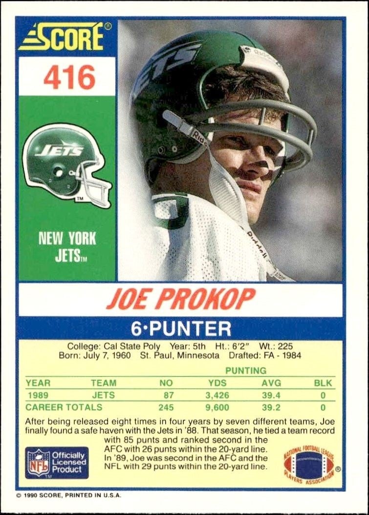 1990 Score Joe Prokop #416 football trading card back