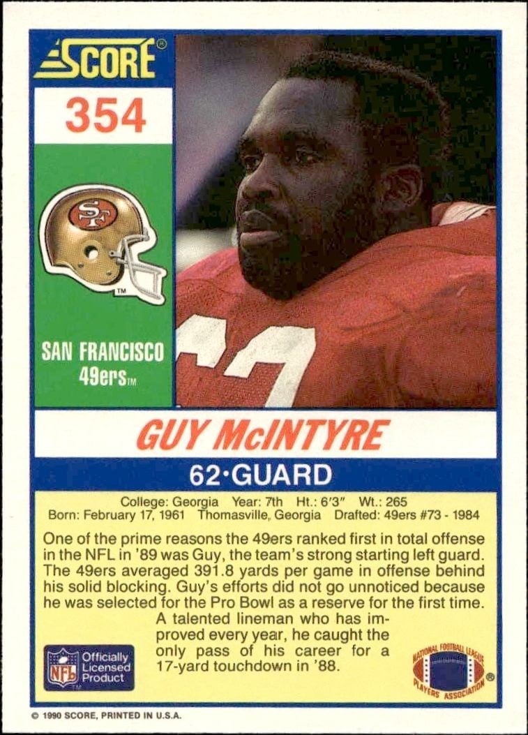 1990 Score Guy McIntyre #354 football trading card back