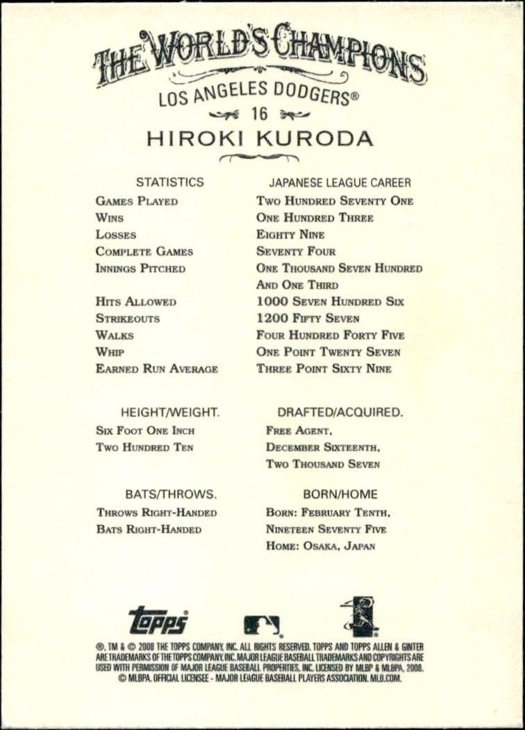 2008 Topps Allen & Ginter Hiroki Kuroda #16 baseball trading card back