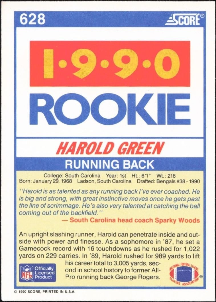 1990 Score Green Harold Green #628 football trading card back
