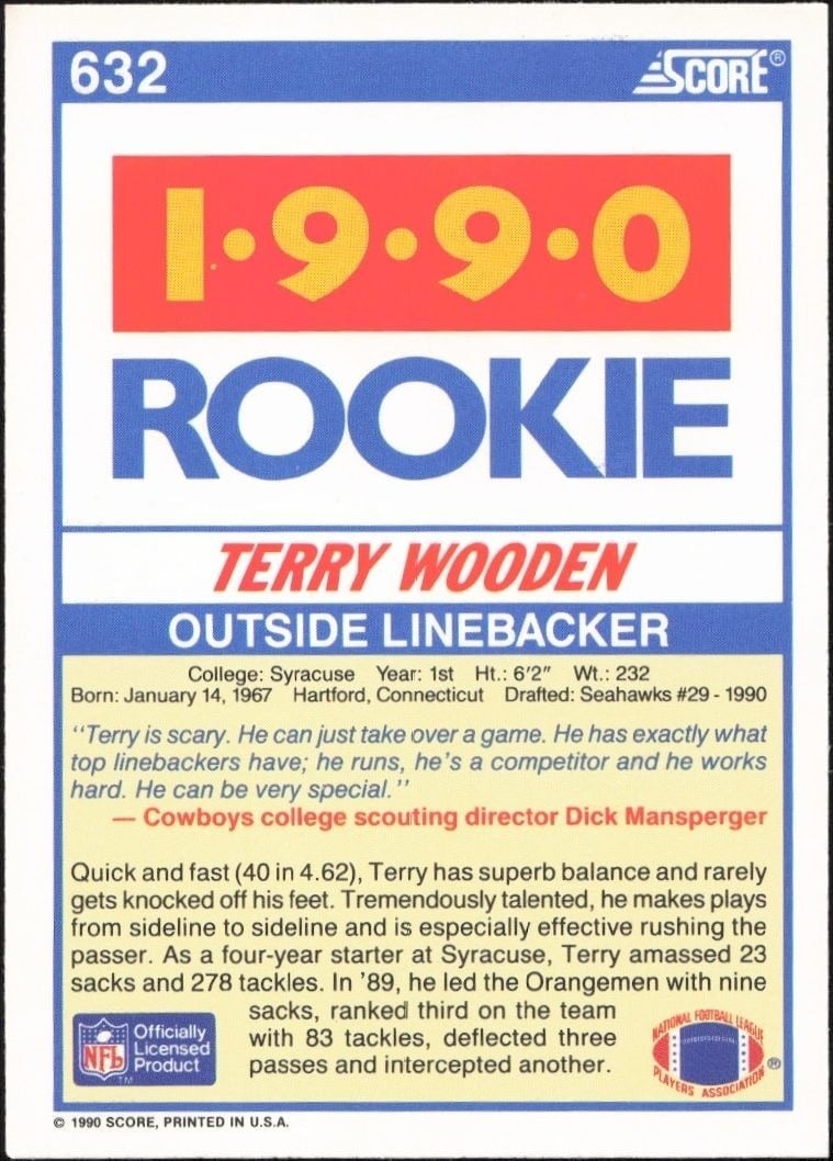 1990 Score Terry Wooden #632 football trading card back