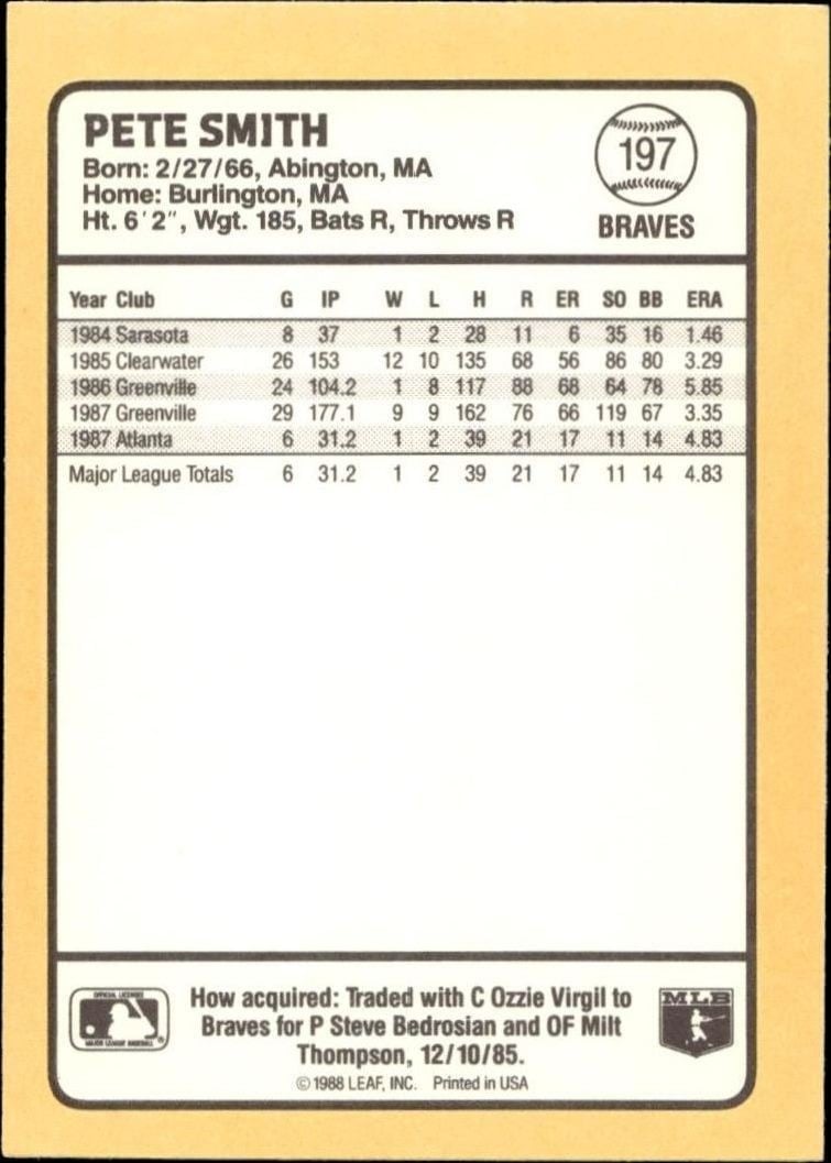 1988 Donruss Baseball's Best Pete Smith #197 baseball trading card back
