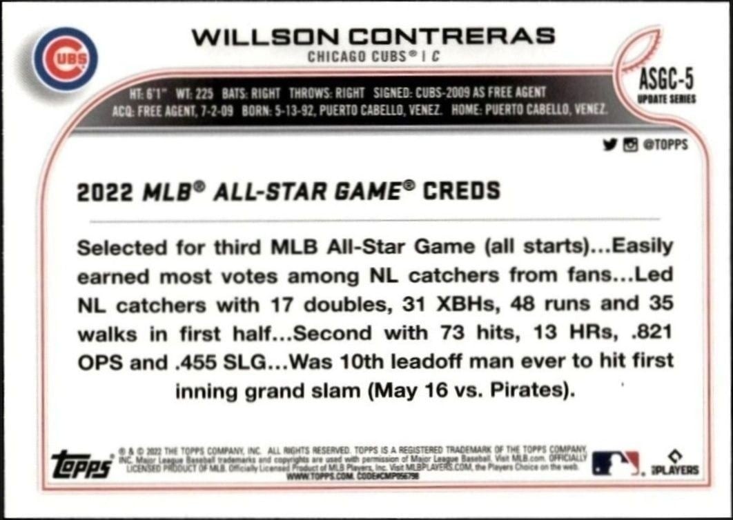 2022 Topps Chrome Update Willson Contreras #ASGC-5 baseball trading card back