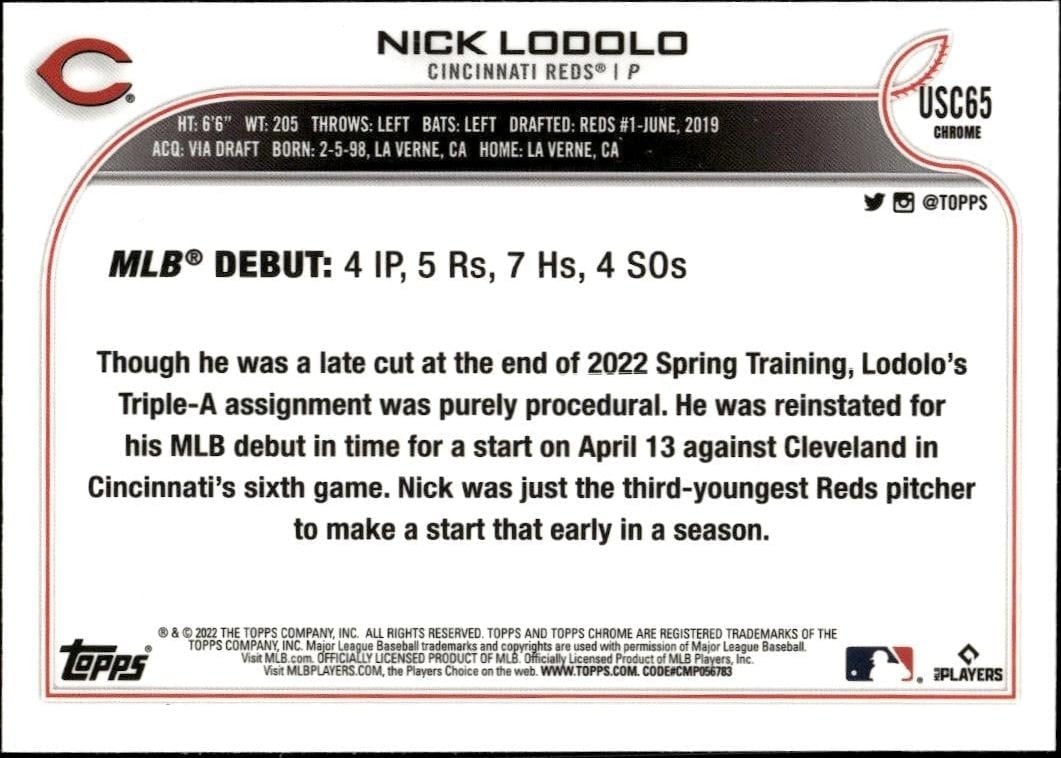 2022 Topps Chrome Update Nick Lodolo #USC65 baseball trading card back