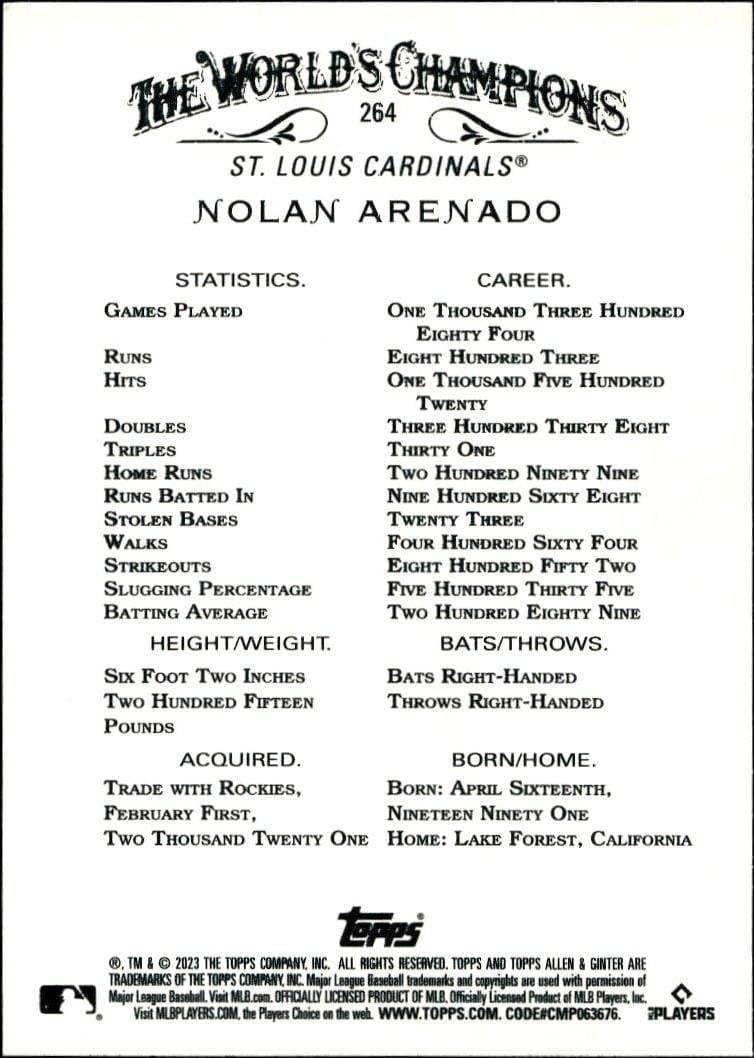 2023 Topps Allen & Ginter Nolan Arenado #264 baseball trading card back