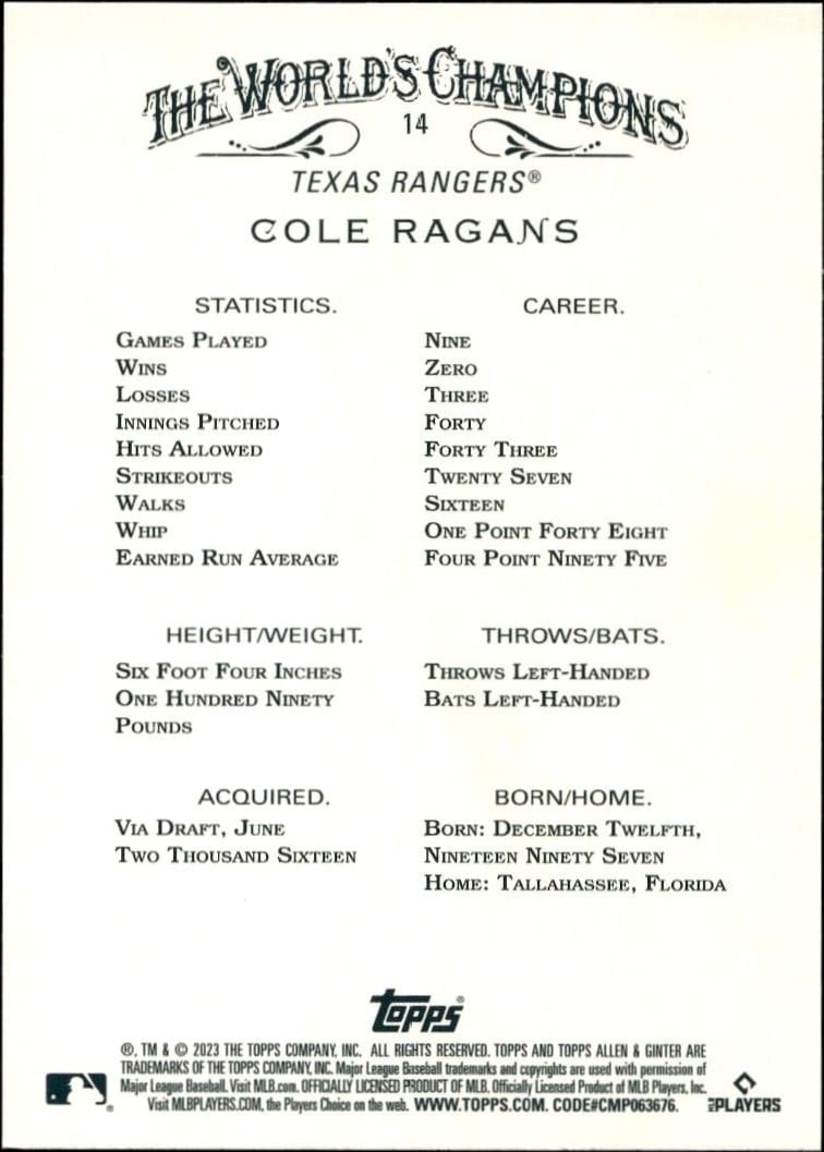 2023 Topps Allen & Ginter Cole Ragans #14 baseball trading card back