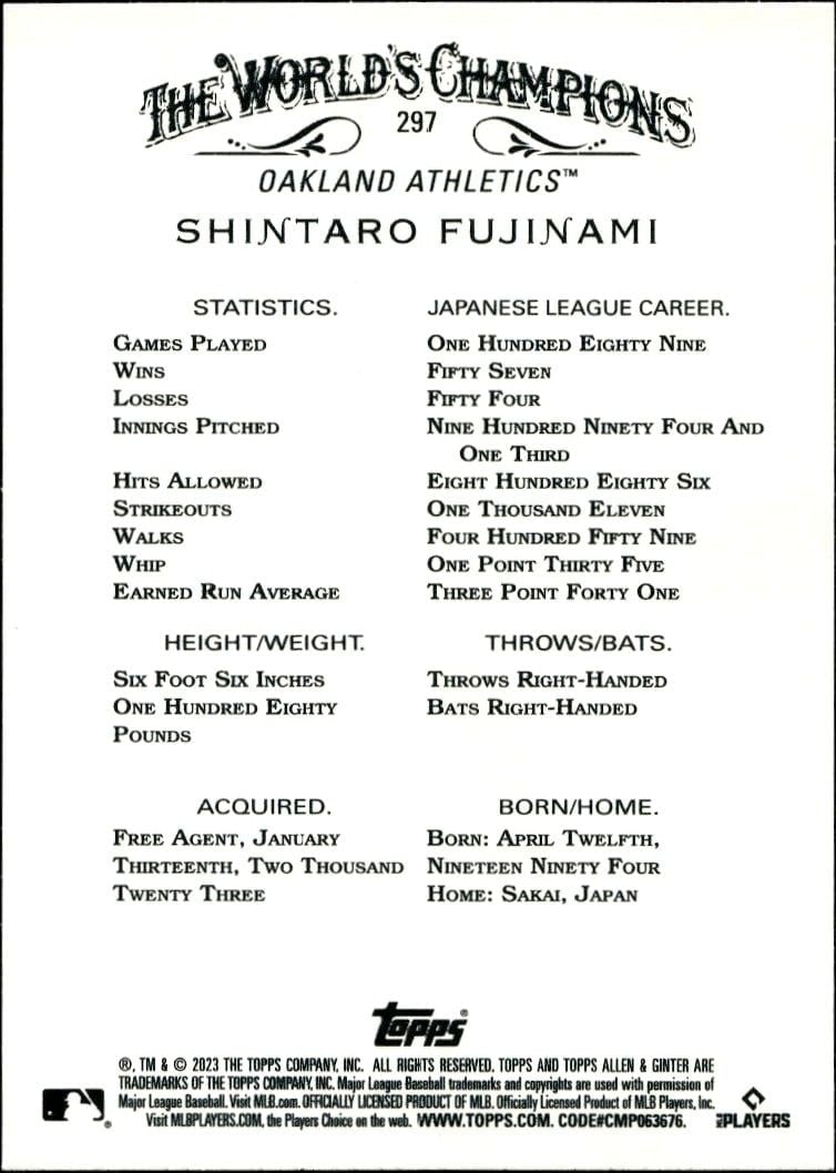 2023 Topps Allen & Ginter Shintaro Fujinami #297 baseball trading card back