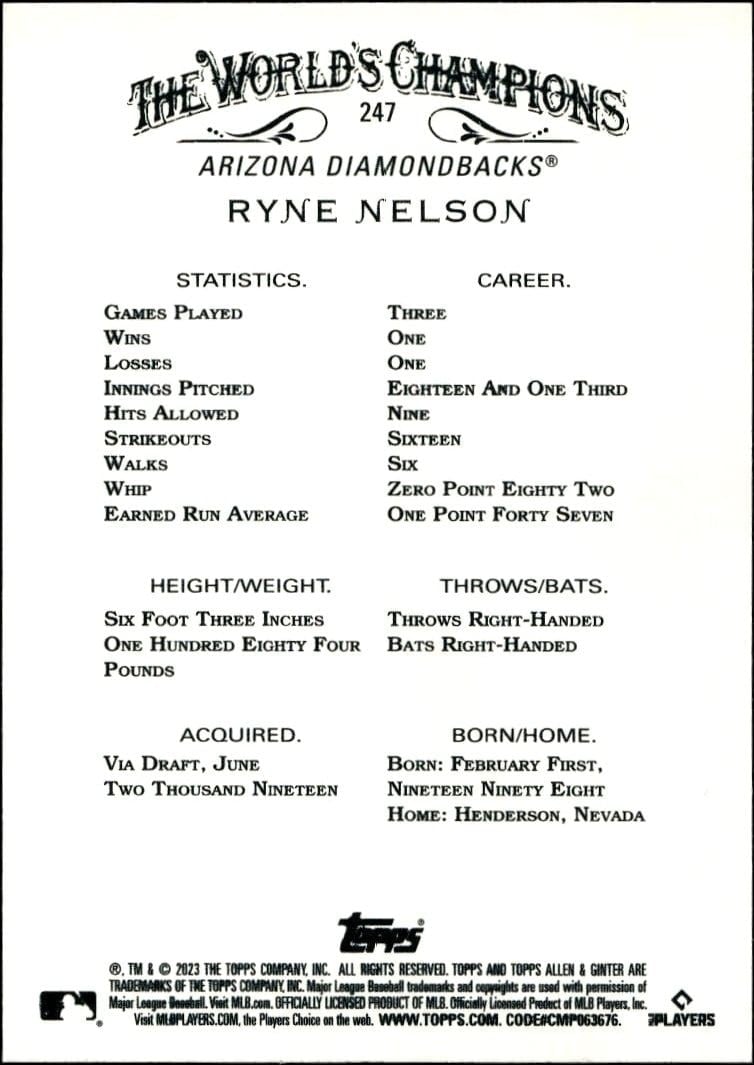 2023 Topps Allen & Ginter Ryne Nelson #247 baseball trading card back