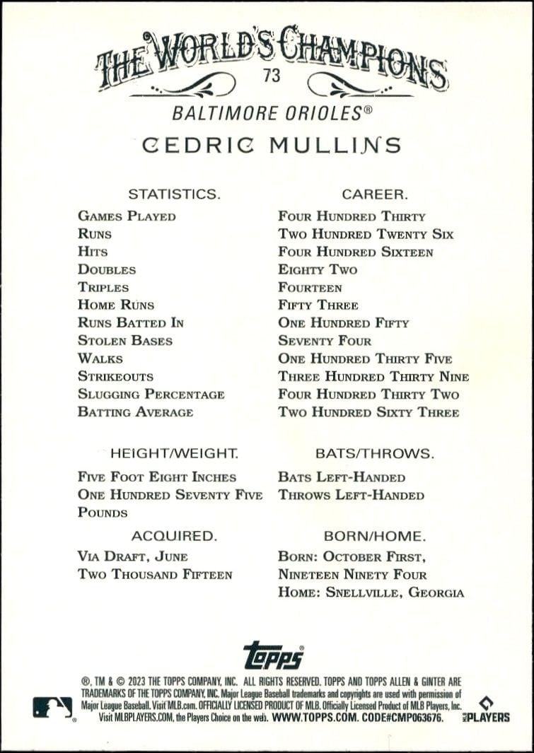 2023 Topps Allen & Ginter Cedric Mullins #73 baseball trading card back